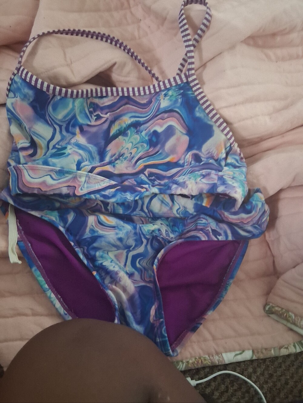 Marble Print Girls' 2-Piece Swimsuit - Blue & Purple